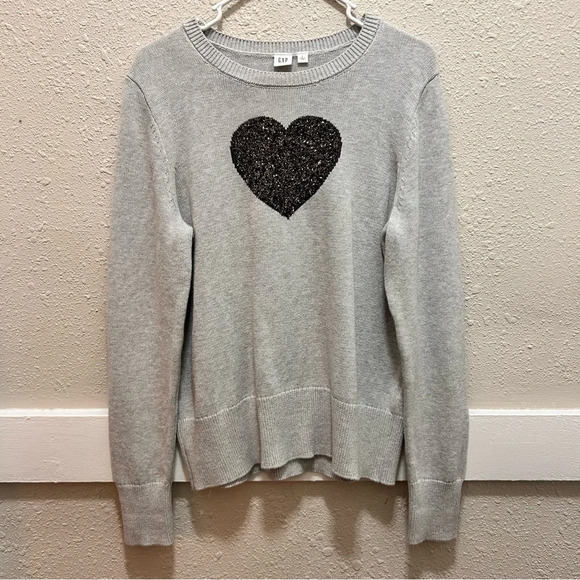 GAP Heart Intarsia Crewneck Pullover Sweater in Heather Grey Size Large - Picture 2 of 6